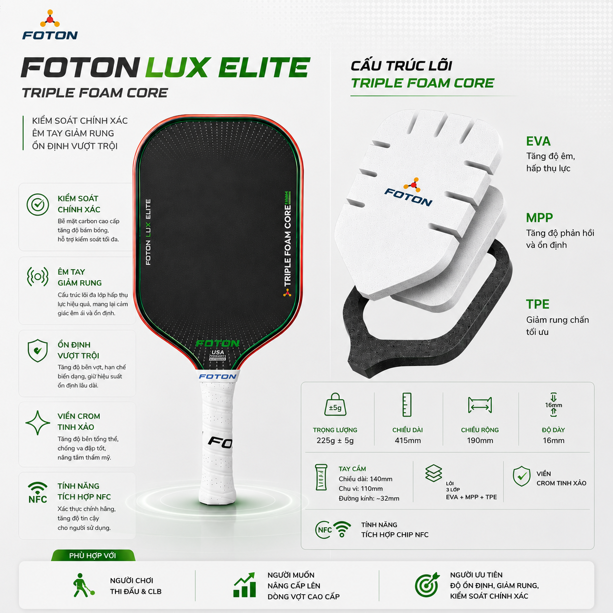 Vợt Pickleball Foton Lux Elite – Carbon Toray, Lõi 3 Lớp, Vợt Cao Cấp Giảm Rung, Tăng Sức Mạnh